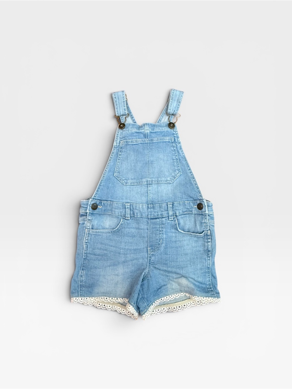 OshKosh B'gosh Light Blue Denim Short Overalls with Lace Trim